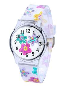 Chicas 1 pieza Reloj cuarzo de esfera con patrón floral PVC con tira impermeable dulce redondo para regalo - Multicolor - Ver 1