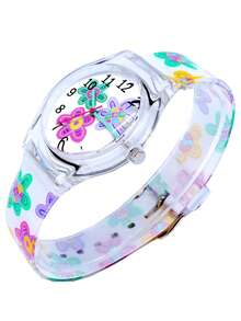 Chicas 1 pieza Reloj cuarzo de esfera con patrón floral PVC con tira impermeable dulce redondo para regalo - Multicolor - Ver 7