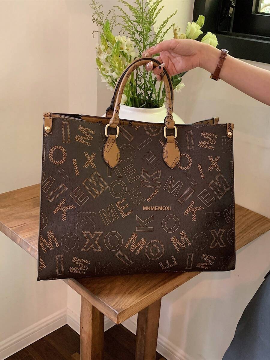 Letter Graphic Top Handle Bag Large Capacity Fashionable For Work - Coffee Brown - View 1