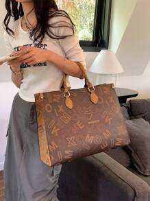 Letter Graphic Top Handle Bag Large Capacity Fashionable For Work - Coffee Brown - View 2