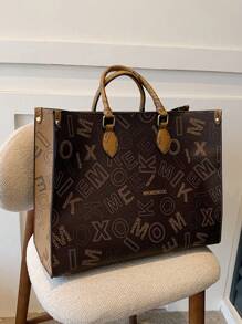 Letter Graphic Top Handle Bag Large Capacity Fashionable For Work - Coffee Brown - View 3