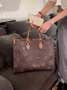 Letter Graphic Top Handle Bag Large Capacity Fashionable For Work - Coffee Brown - View 4