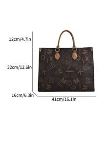 Letter Graphic Top Handle Bag Large Capacity Fashionable For Work - Coffee Brown - View 5