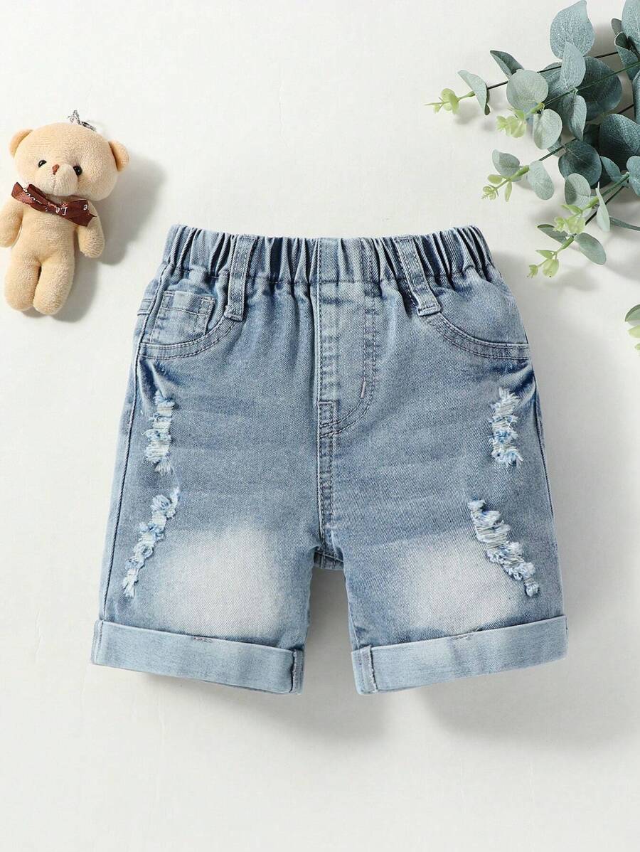 Pantalones cortos de mezclilla bohemia para bebé de uso diario, informales para la calle, con efecto de desgaste de línea de gato, dobladillo enrollado, cintura elástica y elásticos - Lavado ligero - Ver 1