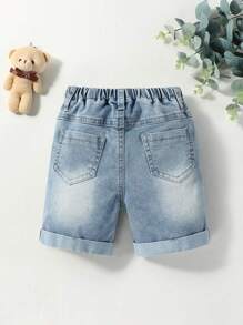 Pantalones cortos de mezclilla bohemia para bebé de uso diario, informales para la calle, con efecto de desgaste de línea de gato, dobladillo enrollado, cintura elástica y elásticos - Lavado ligero - Ver 2