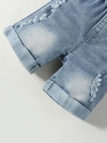 Pantalones cortos de mezclilla bohemia para bebé de uso diario, informales para la calle, con efecto de desgaste de línea de gato, dobladillo enrollado, cintura elástica y elásticos - Lavado ligero - Ver 3