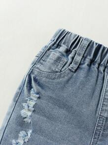 Pantalones cortos de mezclilla bohemia para bebé de uso diario, informales para la calle, con efecto de desgaste de línea de gato, dobladillo enrollado, cintura elástica y elásticos - Lavado ligero - Ver 4