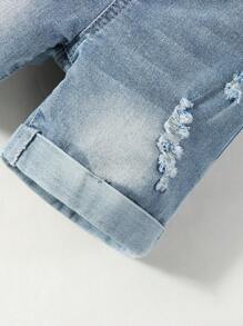 Pantalones cortos de mezclilla bohemia para bebé de uso diario, informales para la calle, con efecto de desgaste de línea de gato, dobladillo enrollado, cintura elástica y elásticos - Lavado ligero - Ver 5