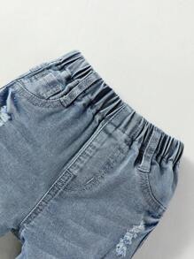 Pantalones cortos de mezclilla bohemia para bebé de uso diario, informales para la calle, con efecto de desgaste de línea de gato, dobladillo enrollado, cintura elástica y elásticos - Lavado ligero - Ver 6