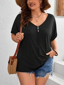 SHEIN LUNE Plus Button Detail Batwing Sleeve Tee - Black - View 1