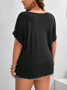 SHEIN LUNE Plus Button Detail Batwing Sleeve Tee - Black - View 2