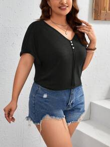 SHEIN LUNE Plus Button Detail Batwing Sleeve Tee - Black - View 3