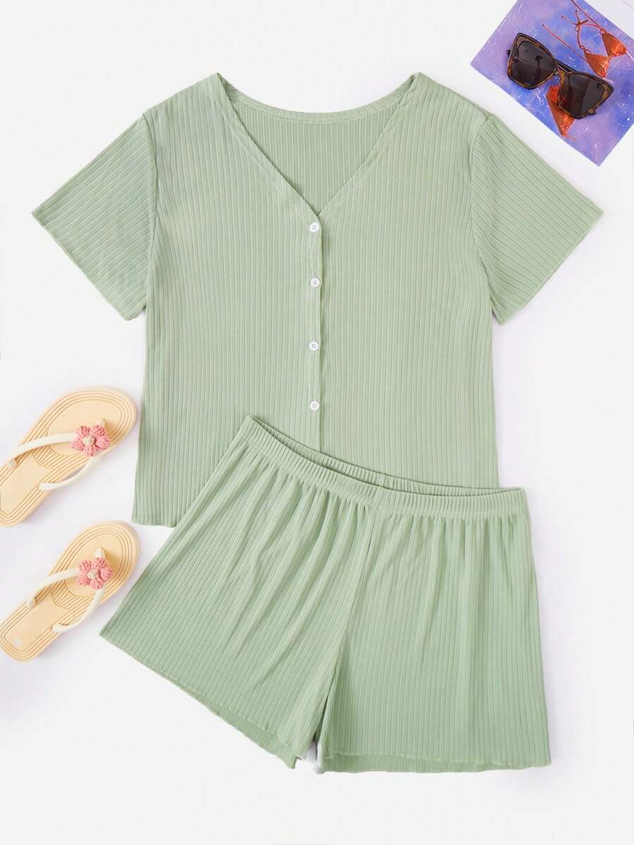 Plus Ribbed Knit Button Front PJ Set - Mint Green - View 1