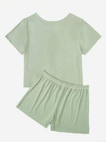 Plus Ribbed Knit Button Front PJ Set - Mint Green - View 2