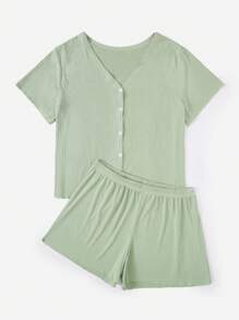 Plus Ribbed Knit Button Front PJ Set - Mint Green - View 3