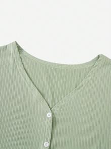 Plus Ribbed Knit Button Front PJ Set - Mint Green - View 5