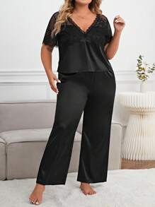 Conjunto de pijama con encaje en contraste de satén - Negro - Ver 3