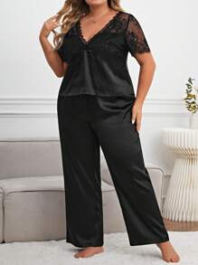 Conjunto de pijama con encaje en contraste de satén - Negro - Ver 5