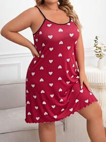 Plus Heart Print Lettuce Trim Cami Nightdress - Red - View 3