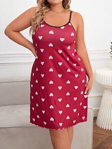 Plus Heart Print Lettuce Trim Cami Nightdress - Red - View 4