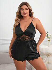 Plus Contrast Lace Satin Cami Sleep Romper - Black - View 1