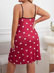 Plus Heart Print Lettuce Trim Cami Nightdress - Red - View 6
