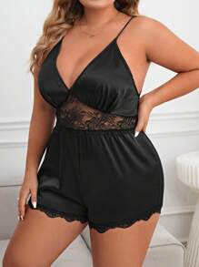 Plus Contrast Lace Satin Cami Sleep Romper - Black - View 5