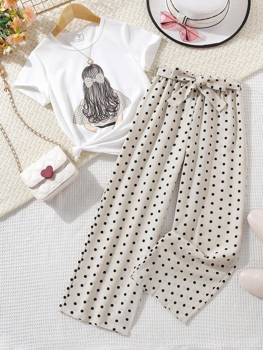SHEIN Girls Figure Graphic Tee & Polka Dot Trousers Set - Multicolor - View 1