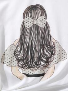 SHEIN Girls Figure Graphic Tee & Polka Dot Trousers Set - Multicolor - View 3