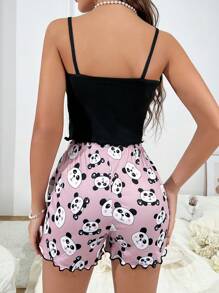 Panda & Slogan Graphic Lettuce Trim Cami Top & Shorts PJ Set / Pajama Set - Multicolor - View 2