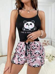 Panda & Slogan Graphic Lettuce Trim Cami Top & Shorts PJ Set / Pajama Set - Multicolor - View 4