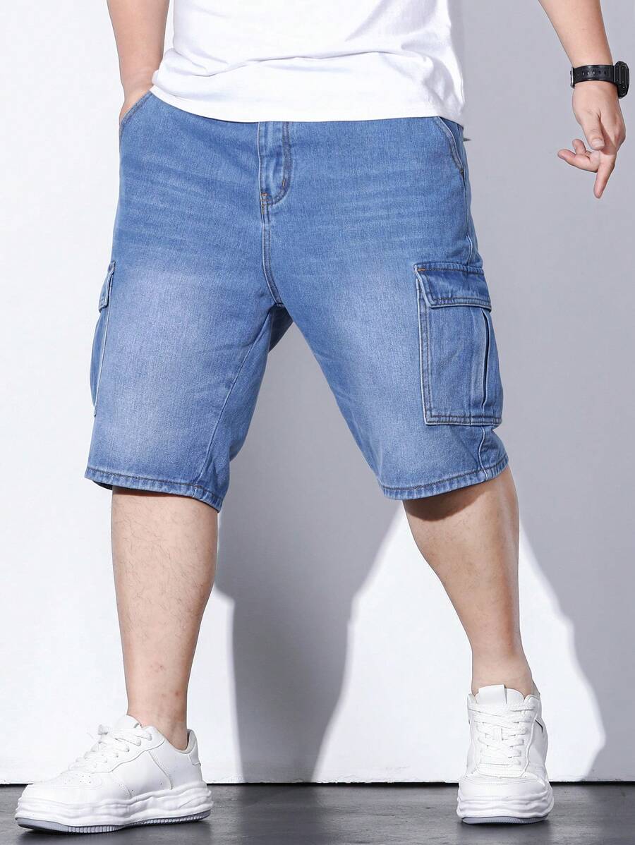 Manfinity Đàn ông cộng Túi nắp bên cạnh Quần short denim Bermuda - Màu xanh lam - Xem 1