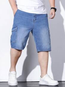 Manfinity Đàn ông cộng Túi nắp bên cạnh Quần short denim Bermuda - Màu xanh lam - Xem 3