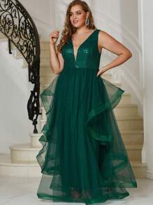 YISIKADO 大碼深V領亮片派對禮服 - 墨綠色 - 查看 6