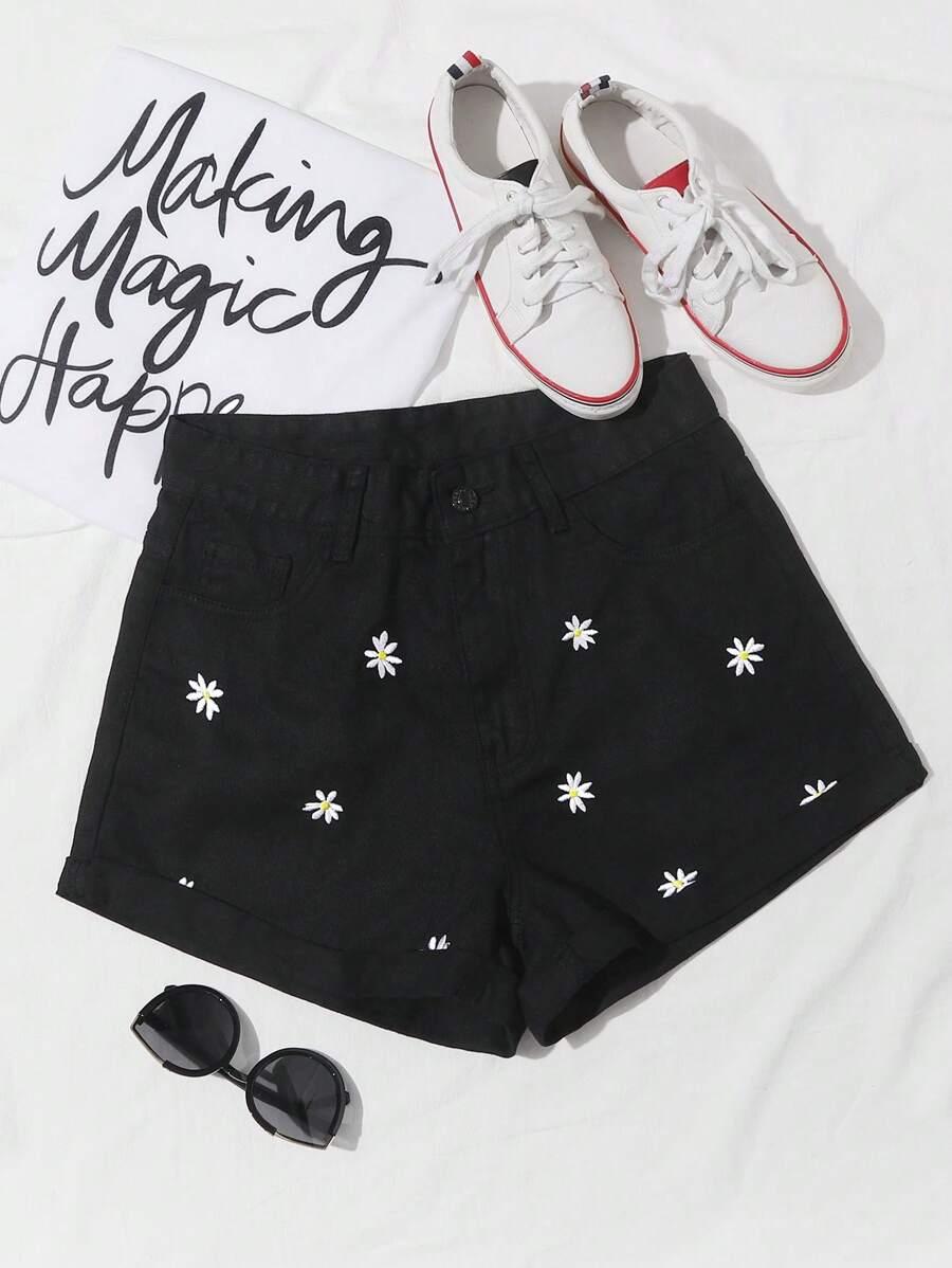 SHEIN EZwear Quần short denim nữ Nút Thêu Dây kéo Hoa - màu đen - Xem 1