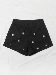 SHEIN EZwear Quần short denim nữ Nút Thêu Dây kéo Hoa - màu đen - Xem 3