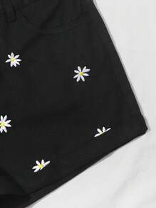 SHEIN EZwear Quần short denim nữ Nút Thêu Dây kéo Hoa - màu đen - Xem 4