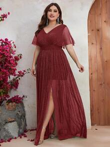 YISIKADO Plus Butterfly Sleeve Mesh Dress - Burgundy - View 4