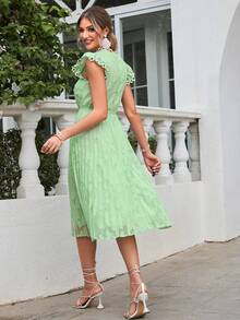 Simplee Guipure Lace Panel Ruffle Trim Pleated Hem Dress - Green - View 2