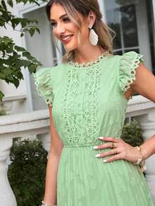 Simplee Guipure Lace Panel Ruffle Trim Pleated Hem Dress - Green - View 5