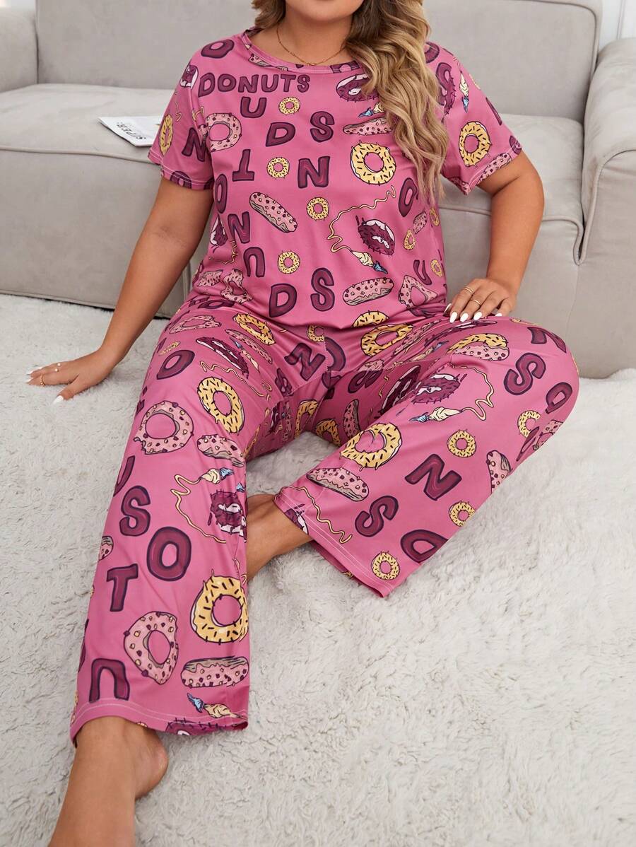 Plus Donut & Letter Graphic PJ Set - Pink - View 1
