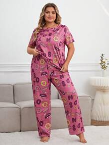 Plus Donut & Letter Graphic PJ Set - Pink - View 2
