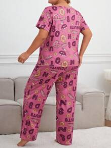 Plus Donut & Letter Graphic PJ Set - Pink - View 3