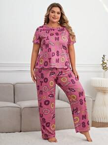 Plus Donut & Letter Graphic PJ Set - Pink - View 4