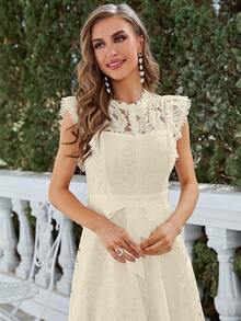 Simplee Mock Neck Belted Lace Dress - Beige - View 5