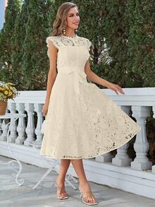 Simplee Mock Neck Belted Lace Dress - Beige - View 6