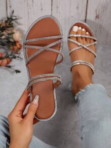 魅力四射棕色涼鞋水鑽裝飾仿麂皮涼拖 - 棕色 - 查看 1