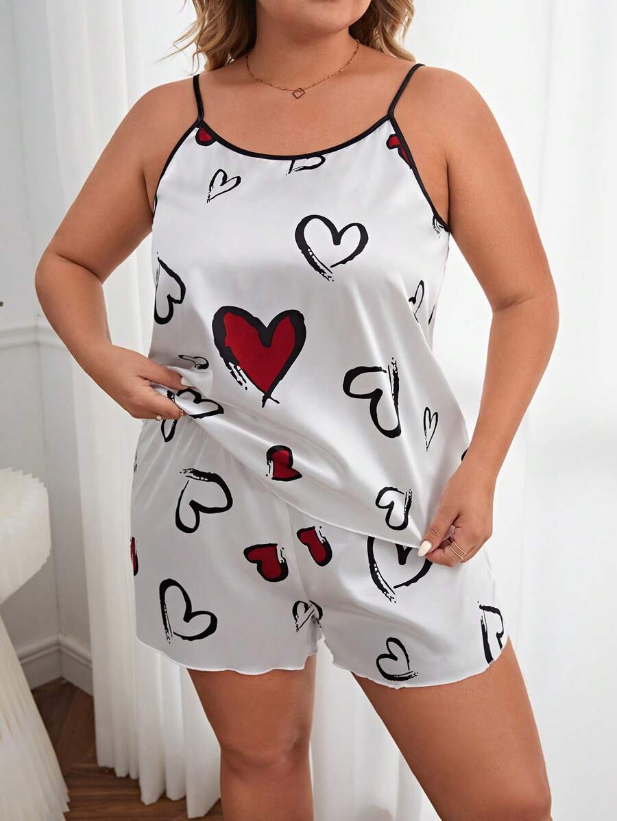 大碼愛心圖案撞色滾邊緞面睡衣套裝 - 白色 - 查看 1