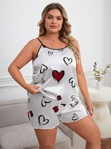 大碼愛心圖案撞色滾邊緞面睡衣套裝 - 白色 - 查看 2