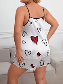 大碼愛心圖案撞色滾邊緞面睡衣套裝 - 白色 - 查看 3